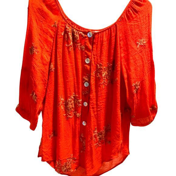 fig and flower Tops - FIG and FLOWER ORANGE EMBROIDERED TUNIC HI-LO 3/4 SLEEVE BOHO BUTTON UP XL